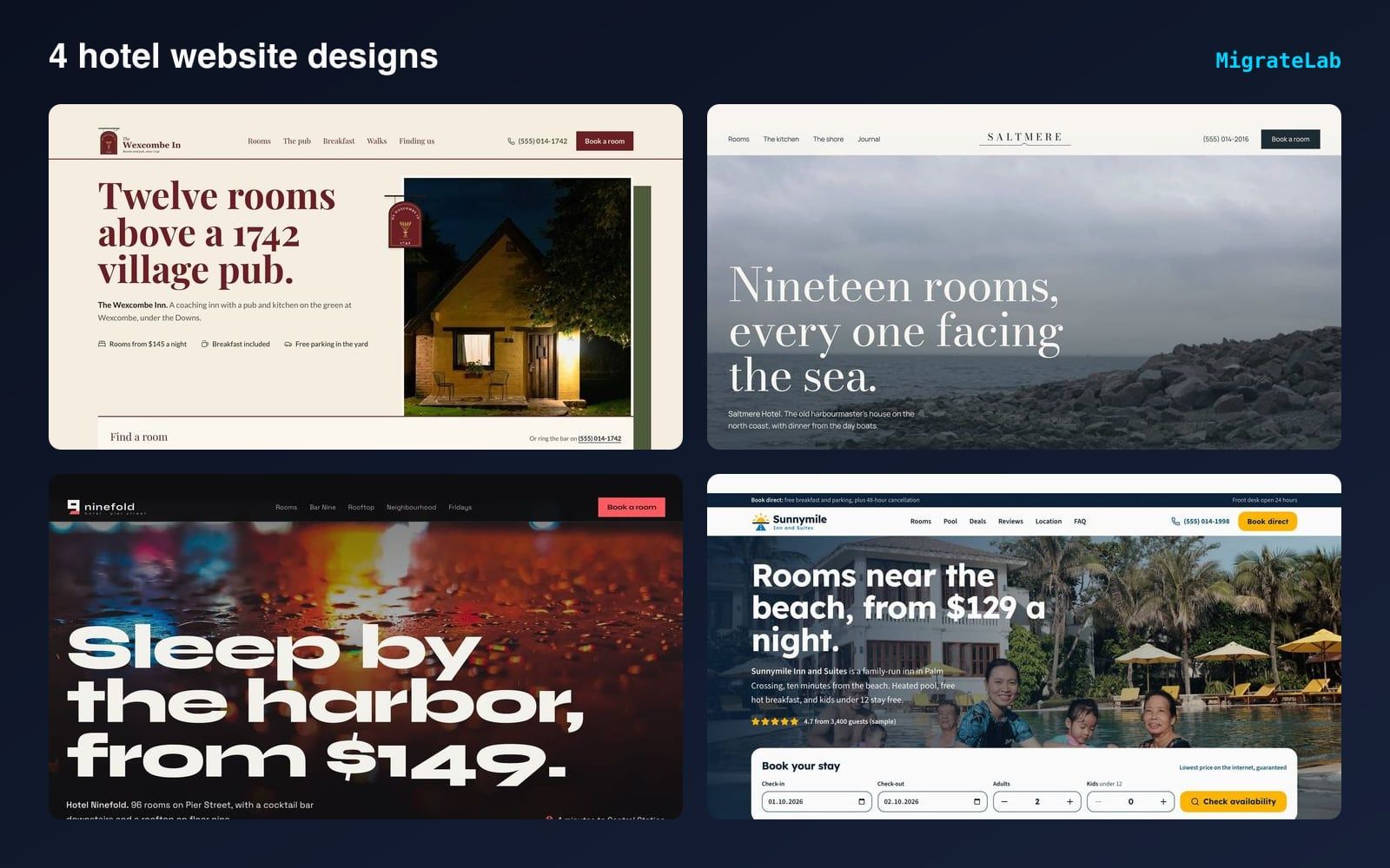 Four hotel website designs by MigrateLab shown side by side