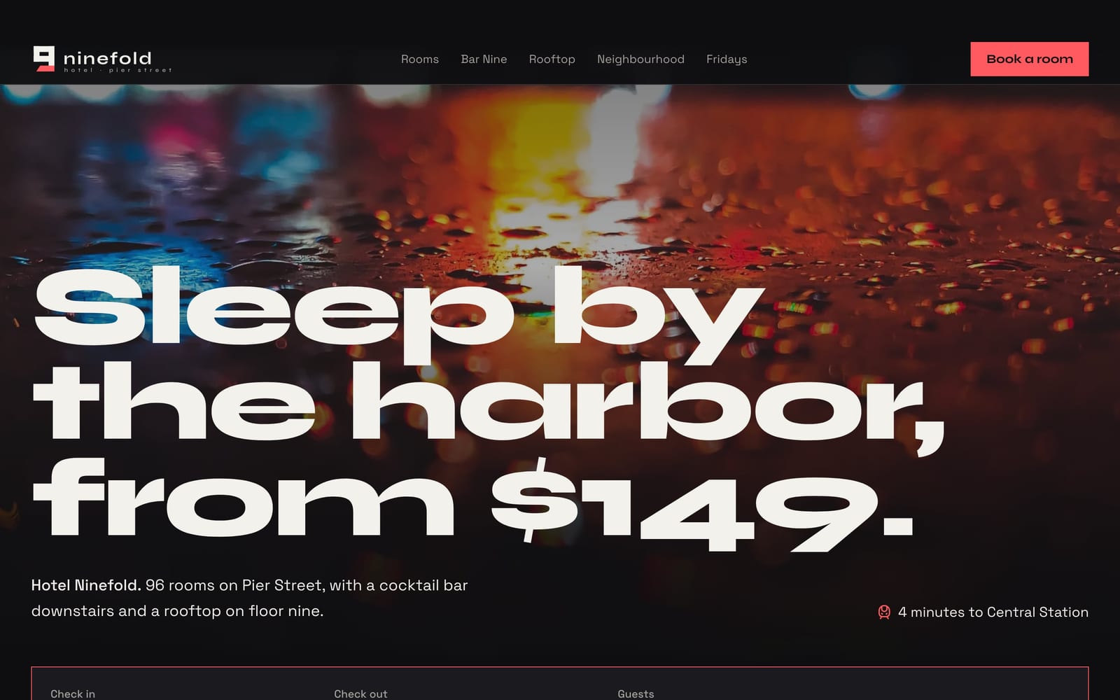 Hotel website design: Hotel Ninefold home page, bold and industrial style