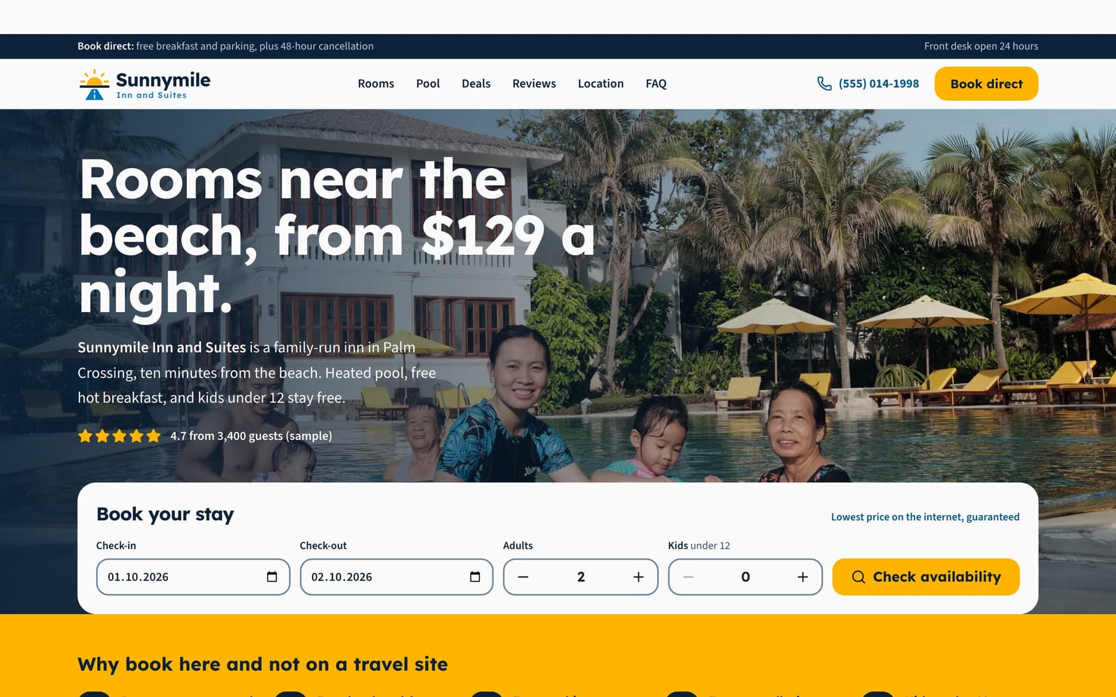 Hotel website design: Sunnymile Inn and Suites home page, lead machine style