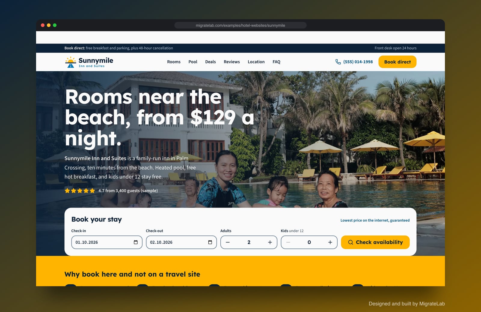 Hotel website example by MigrateLab: Sunnymile Inn and Suites, a lead machine design shown in a browser