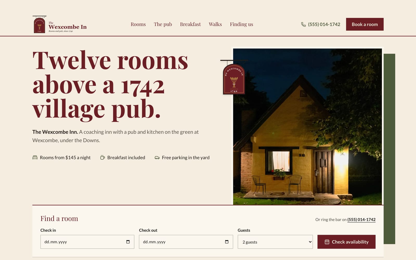 Hotel website design: The Wexcombe Inn Rooms and Pub home page, heritage and trust style