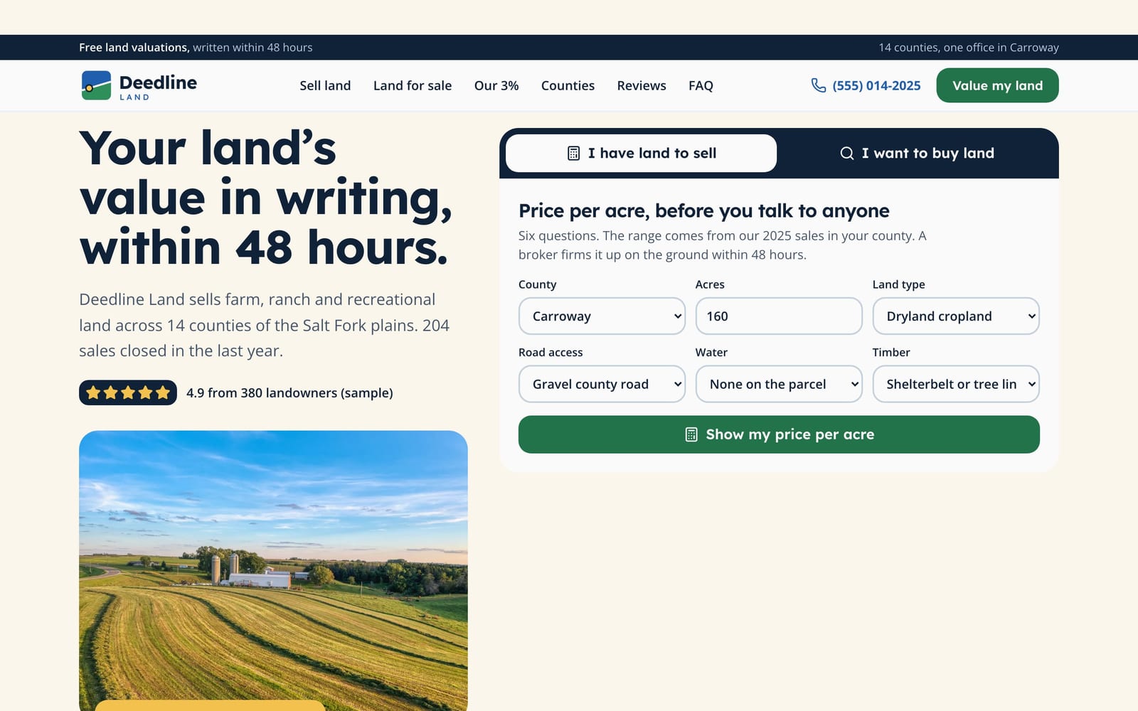 Land brokerage website design: Deedline Land home page, lead machine style