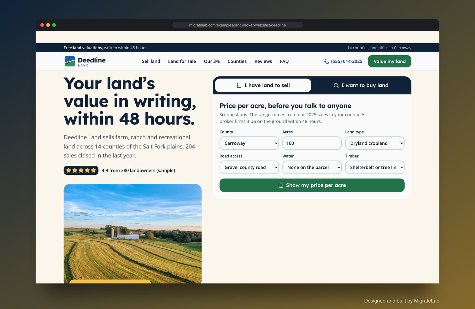 Land brokerage website example by MigrateLab: Deedline Land, a lead machine design shown in a browser