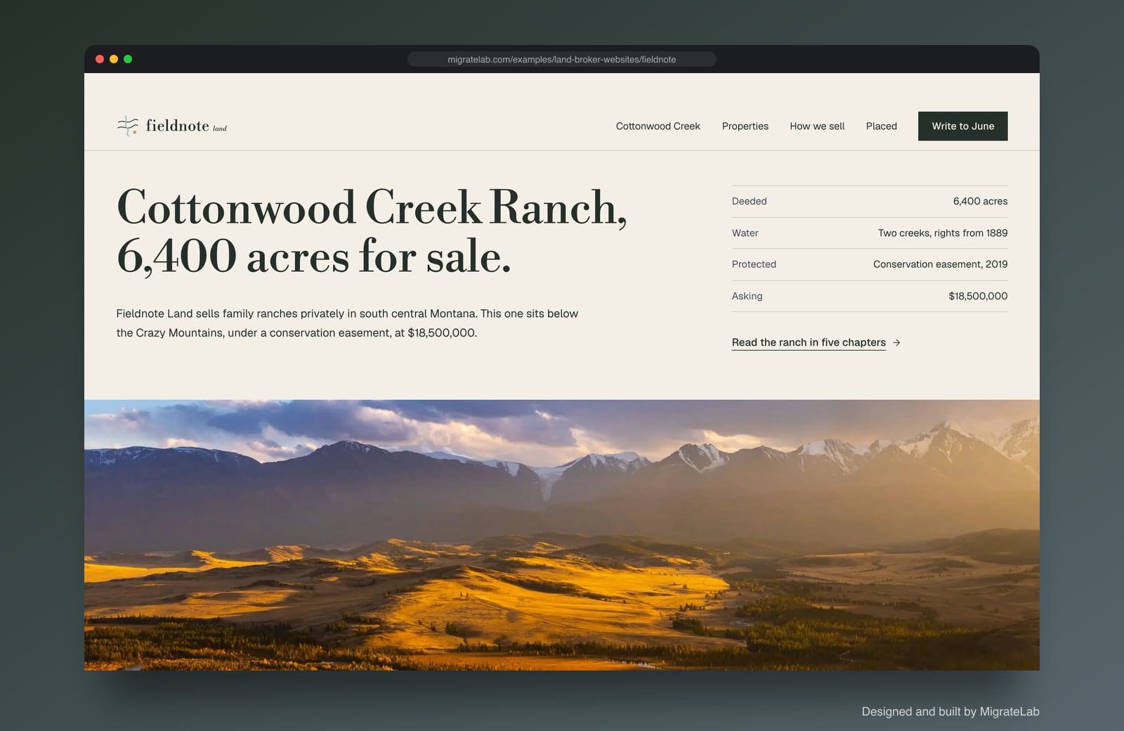 Land brokerage website example by MigrateLab: Fieldnote Land, a premium design-led design shown in a browser