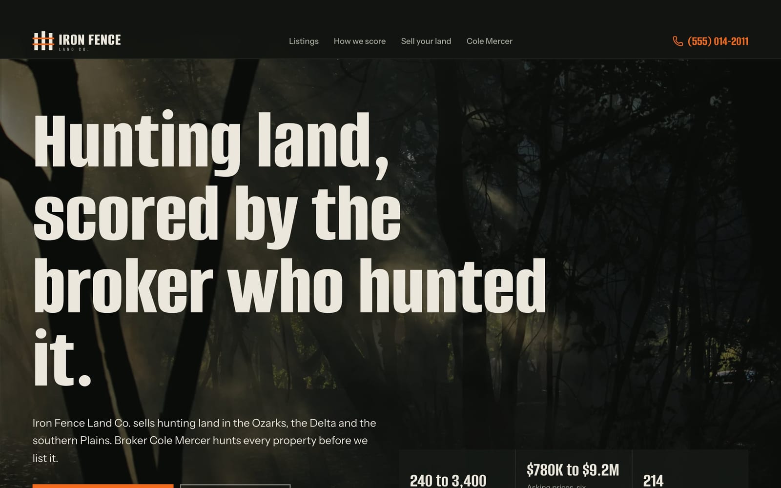 Land brokerage website design: Iron Fence Land Co. home page, bold and industrial style