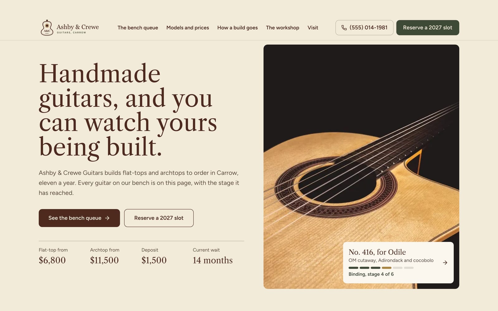Luthier website design: Ashby & Crewe Guitars home page, heritage and trust style