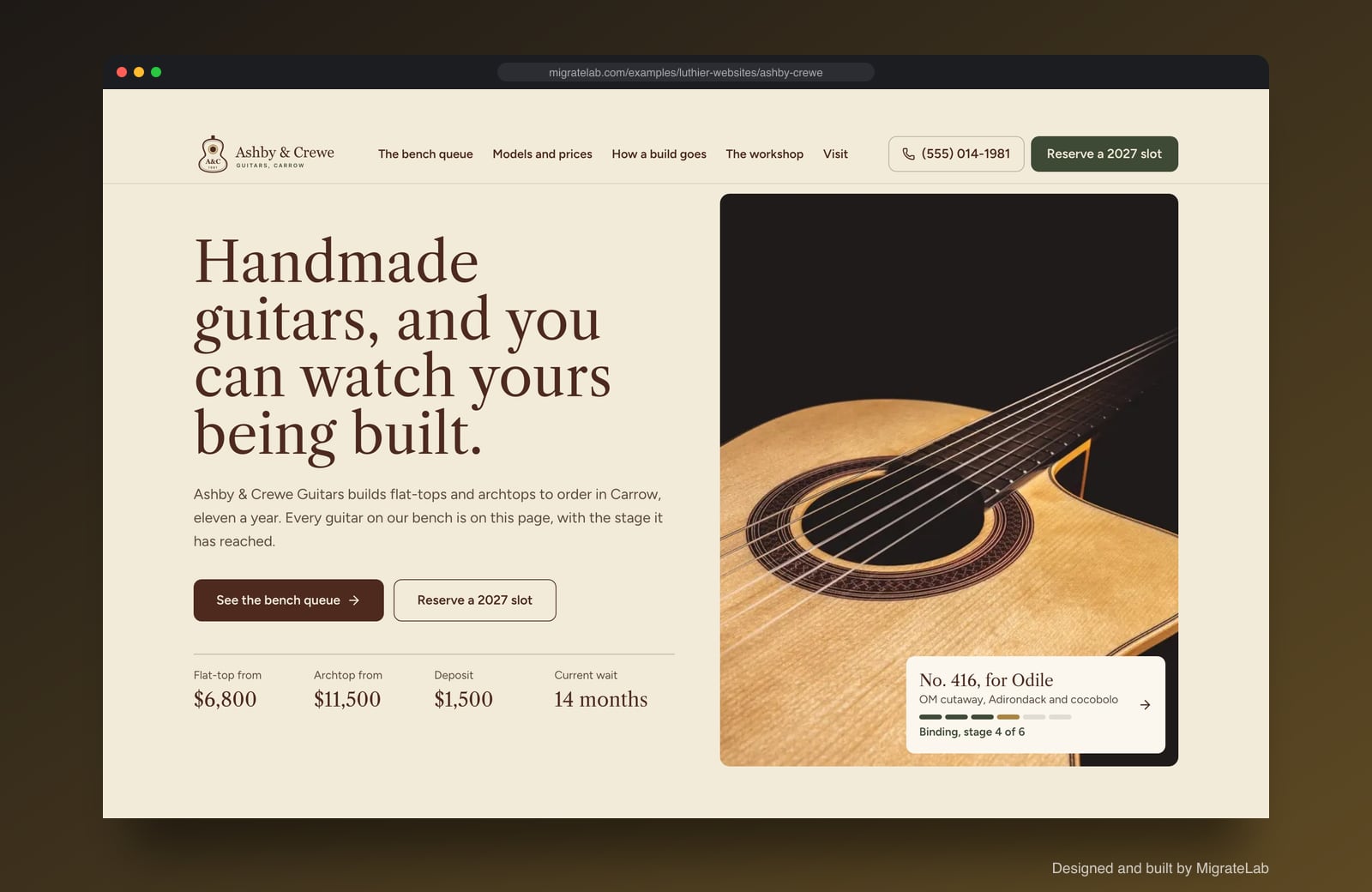 Luthier website example by MigrateLab: Ashby & Crewe Guitars, a heritage and trust design shown in a browser