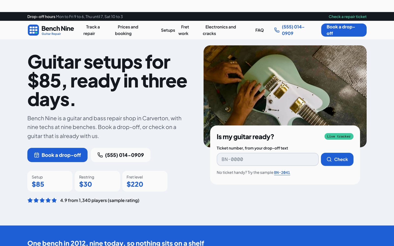 Luthier website design: Bench Nine Guitar Repair home page, lead machine style