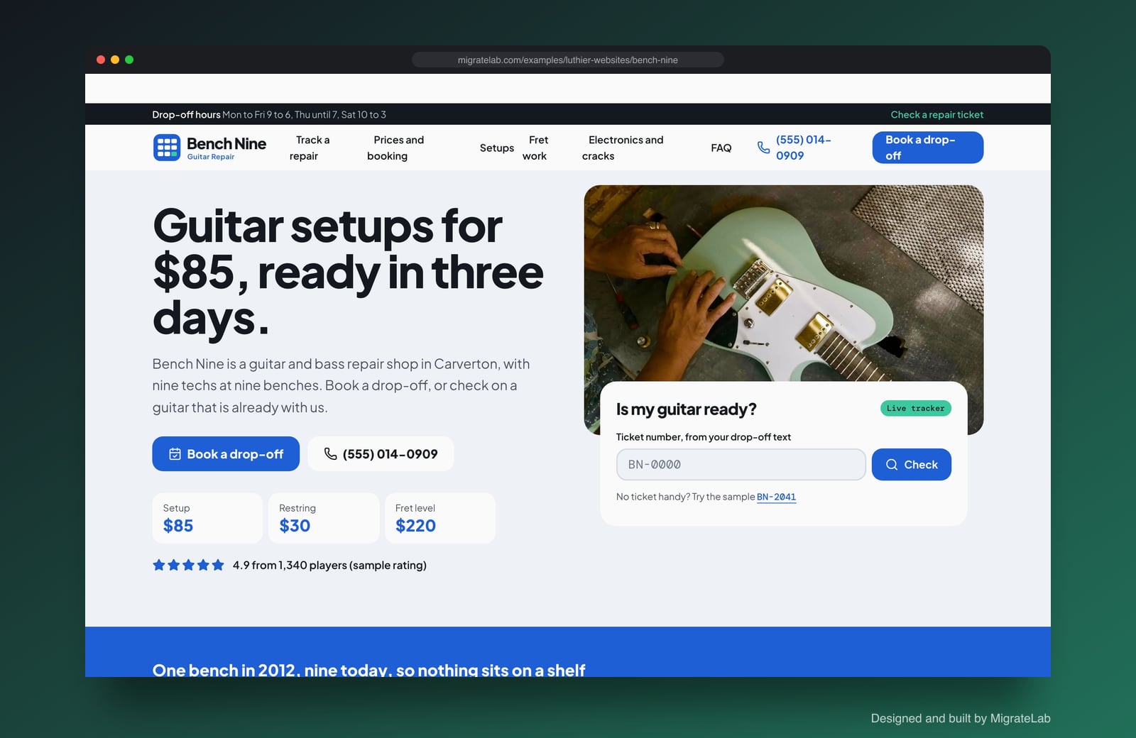 Luthier website example by MigrateLab: Bench Nine Guitar Repair, a lead machine design shown in a browser