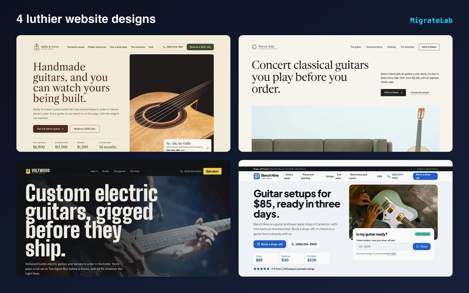 Four luthier website designs by MigrateLab shown side by side