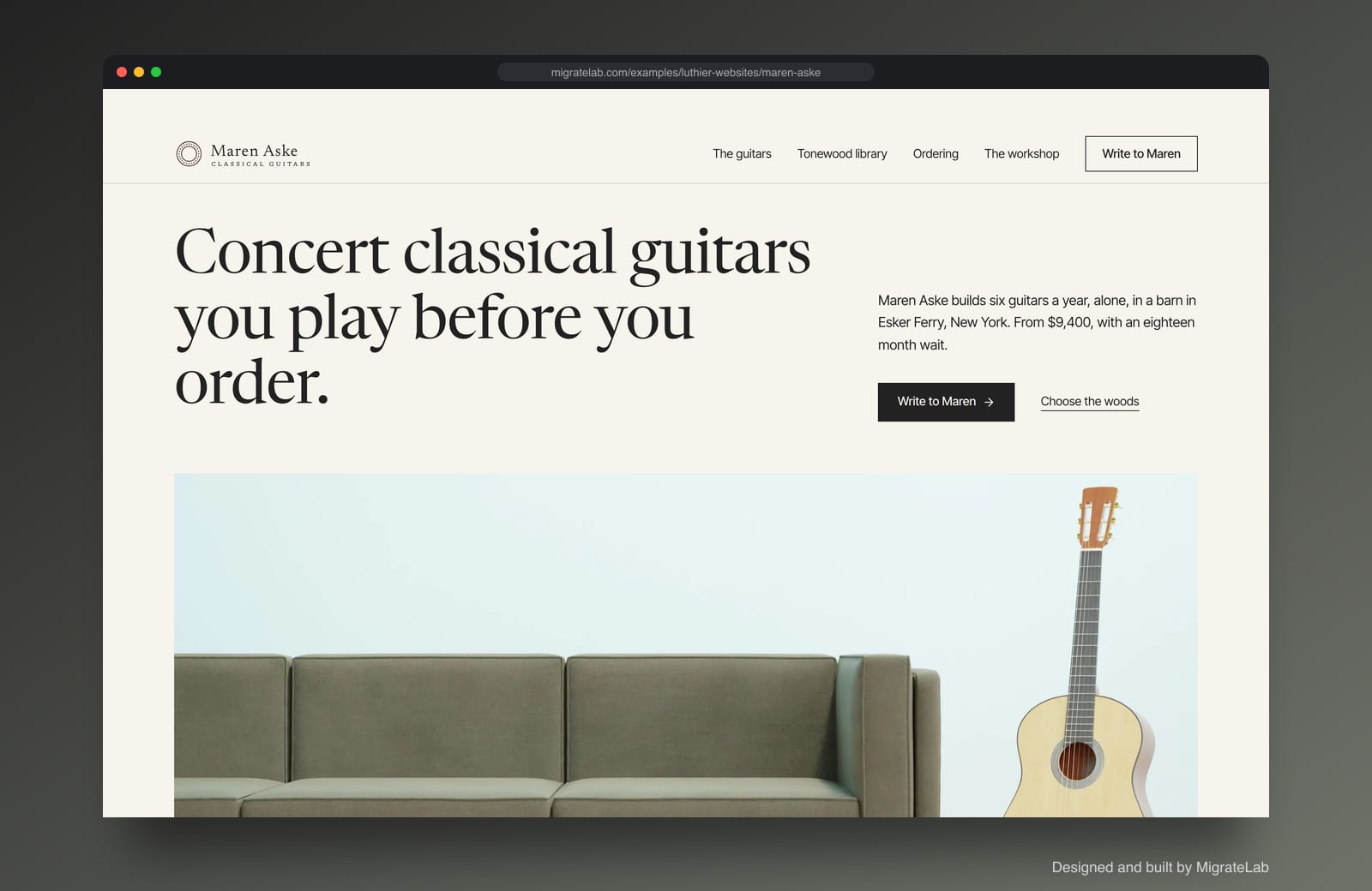 Luthier website example by MigrateLab: Maren Aske Classical Guitars, a premium design-led design shown in a browser