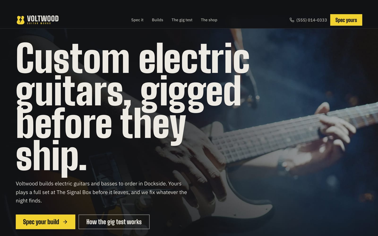 Luthier website design: Voltwood Guitar Works home page, bold and industrial style