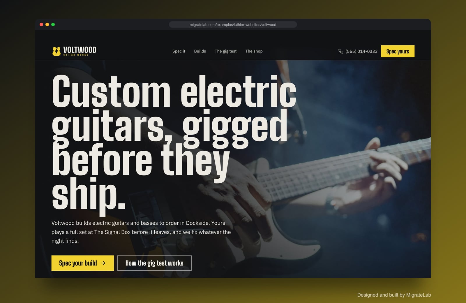 Luthier website example by MigrateLab: Voltwood Guitar Works, a bold and industrial design shown in a browser