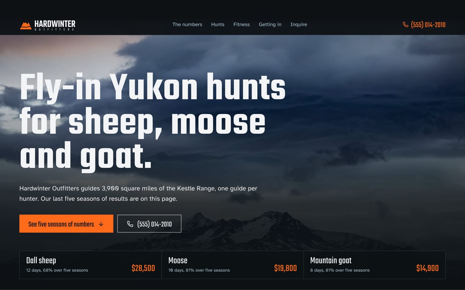 Hunting and fishing outfitter website design: Hardwinter Outfitters home page, bold and industrial style