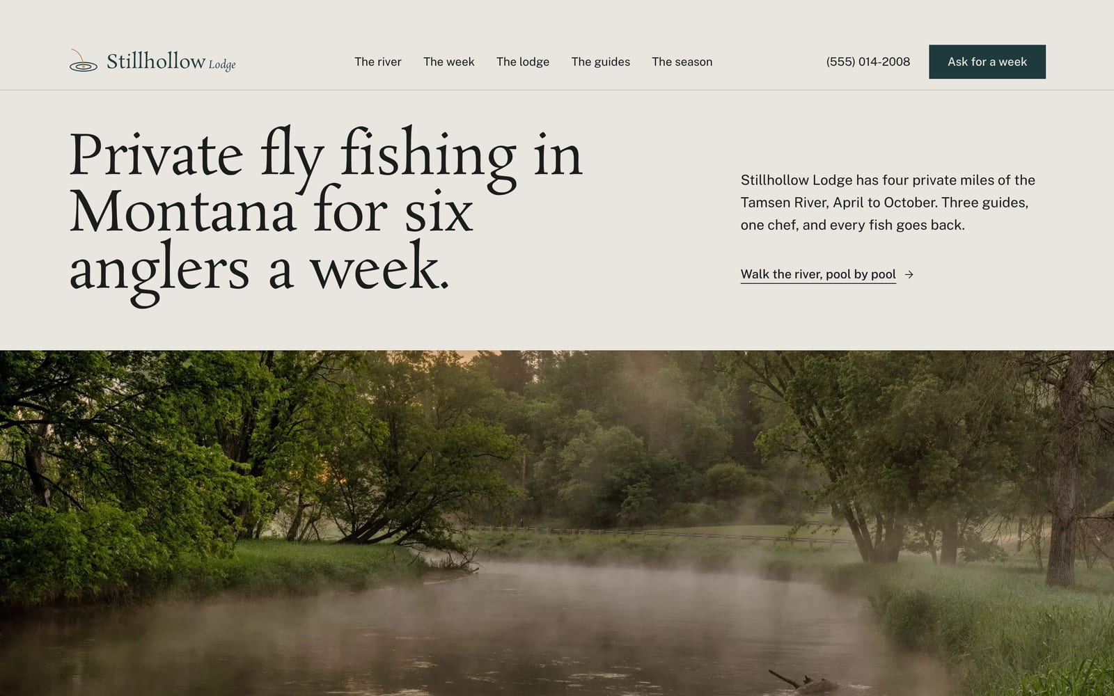 Hunting and fishing outfitter website design: Stillhollow Lodge home page, premium design-led style