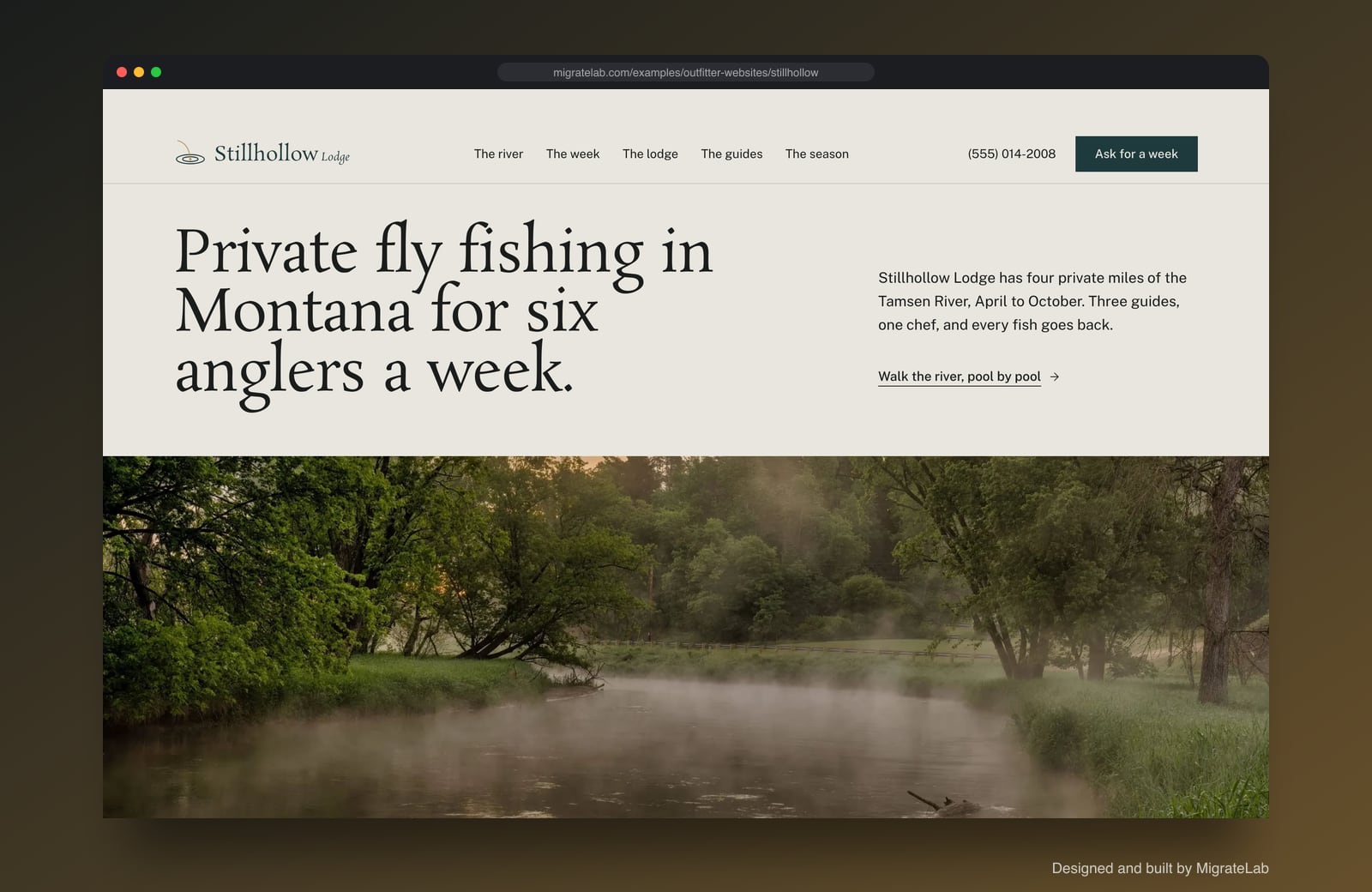 Hunting and fishing outfitter website example by MigrateLab: Stillhollow Lodge, a premium design-led design shown in a browser