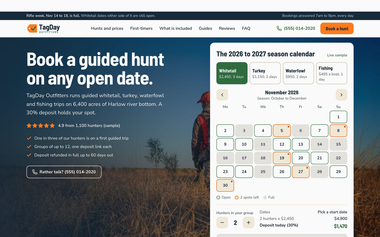 Hunting and fishing outfitter website design: TagDay Outfitters home page, lead machine style