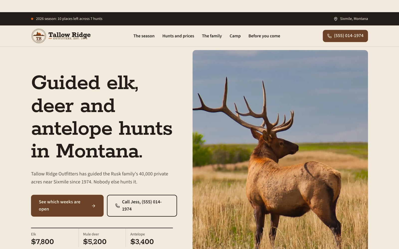Hunting and fishing outfitter website design: Tallow Ridge Outfitters home page, heritage and trust style