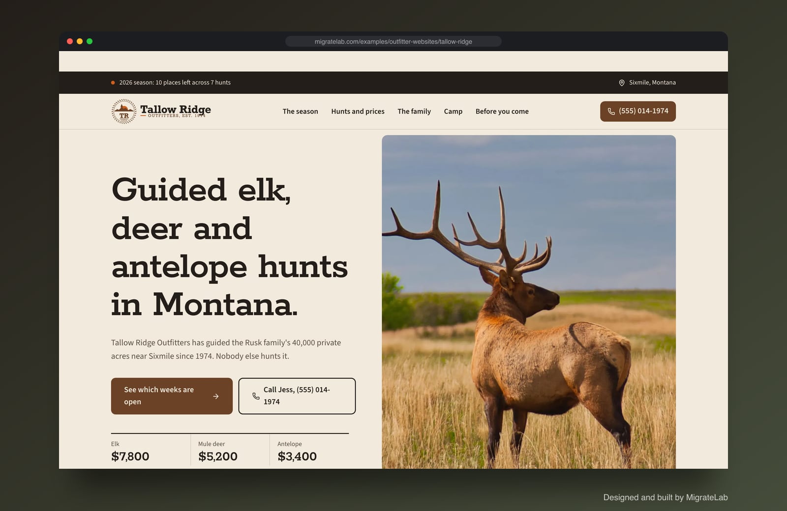 Hunting and fishing outfitter website example by MigrateLab: Tallow Ridge Outfitters, a heritage and trust design shown in a browser