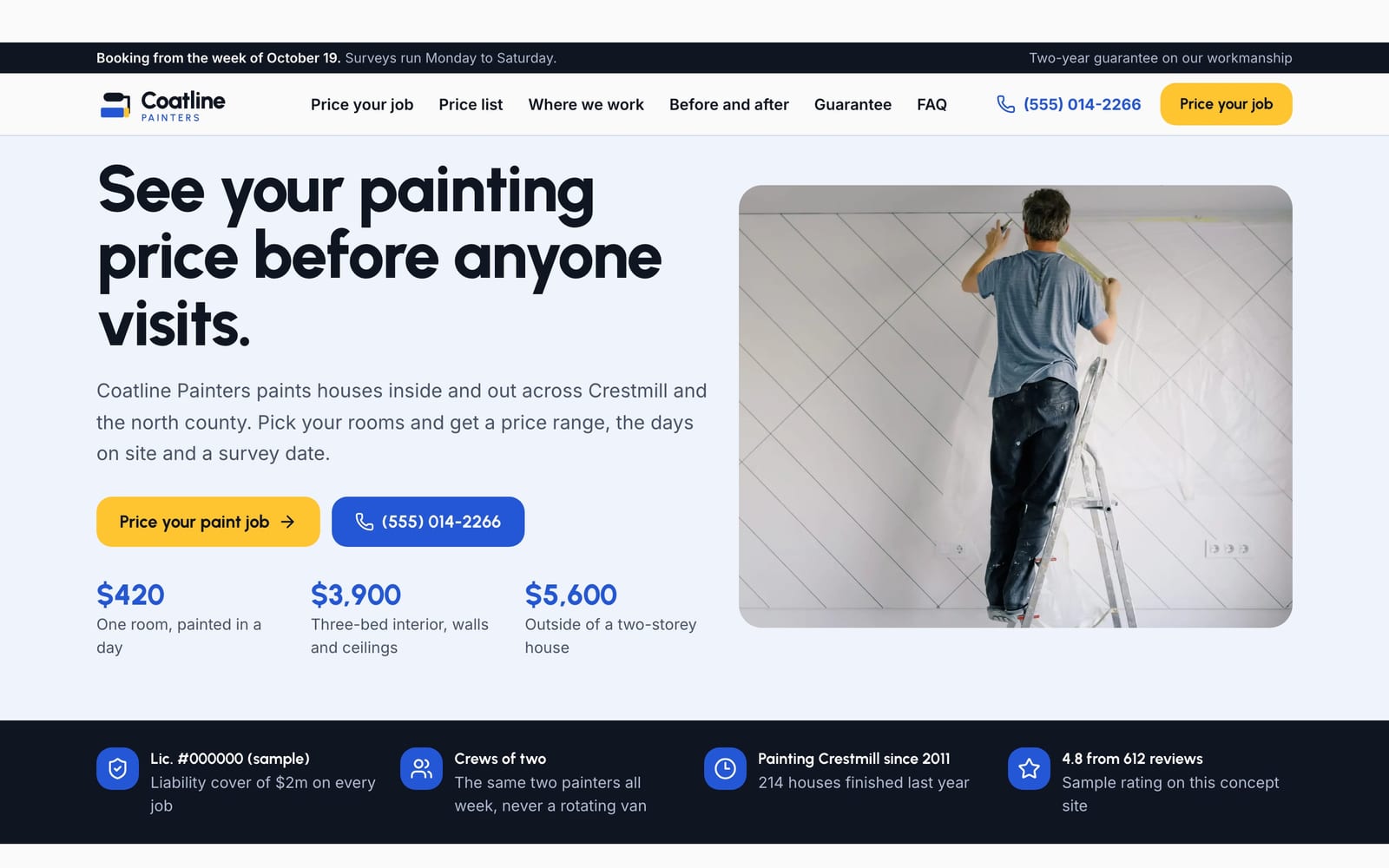 Painting contractor website design: Coatline Painters home page, lead machine style
