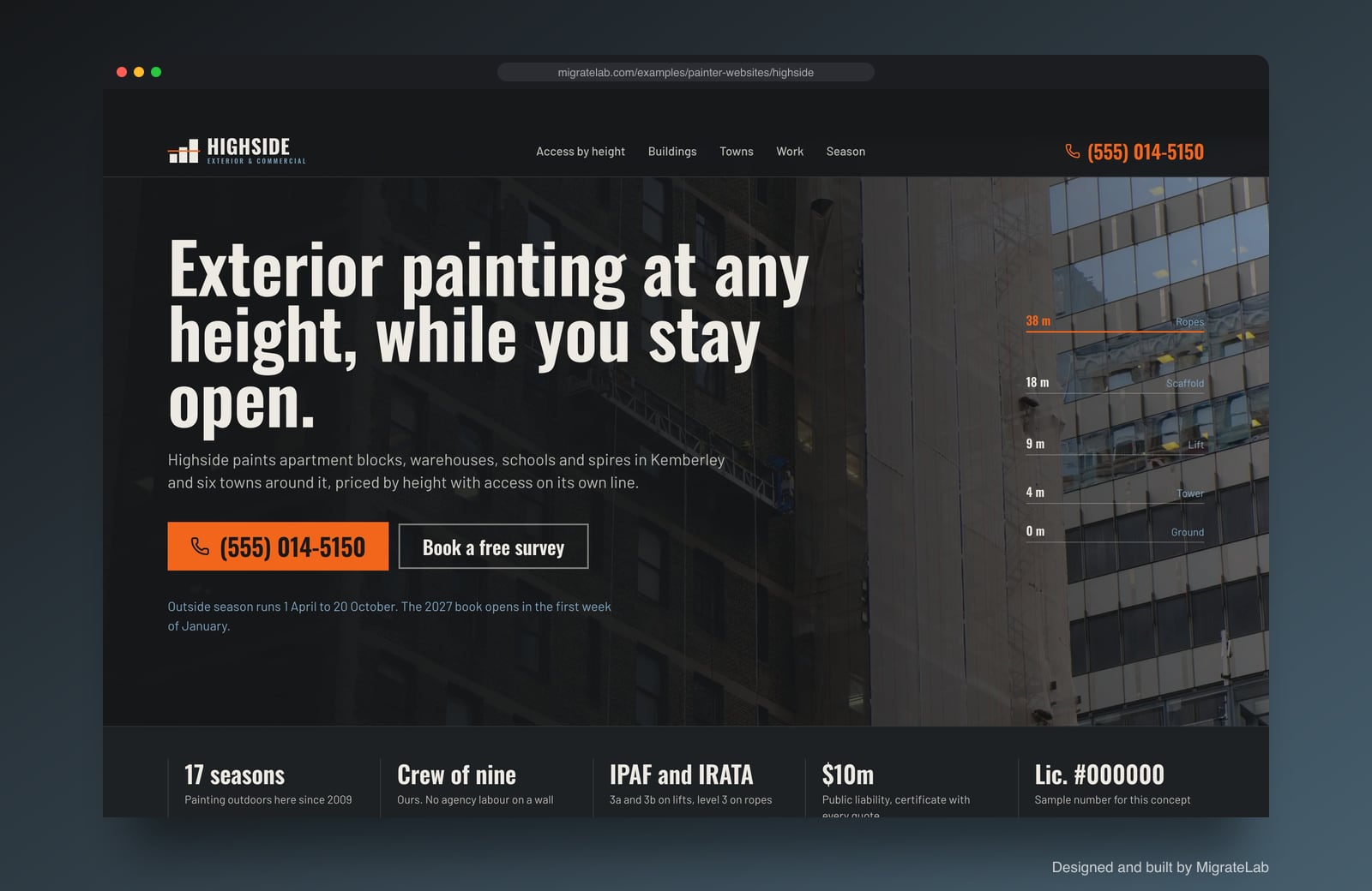 Painting contractor website example by MigrateLab: Highside Exterior & Commercial Painting, a bold and industrial design shown in a browser