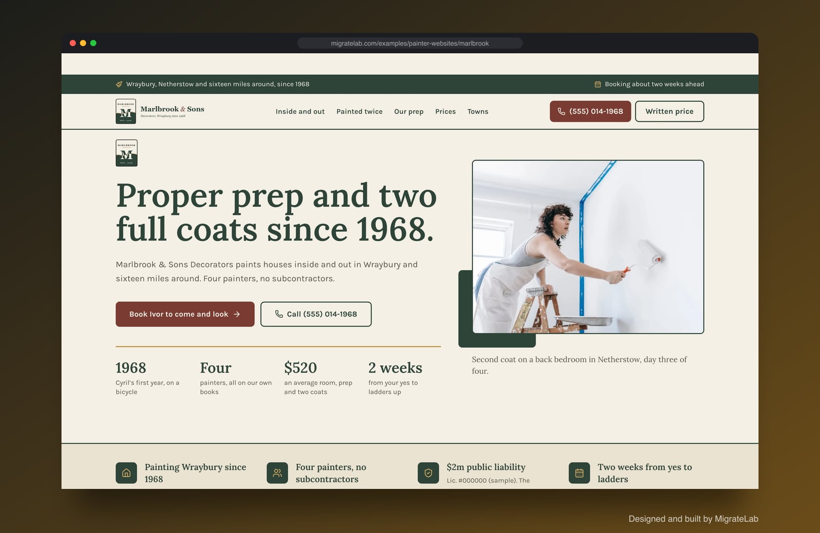 Painting contractor website example by MigrateLab: Marlbrook & Sons Decorators, a heritage and trust design shown in a browser
