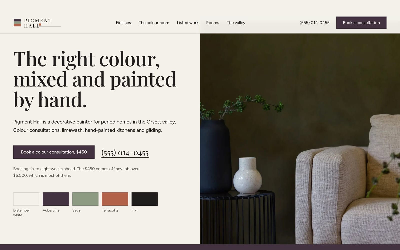 Painting contractor website design: Pigment Hall Decorative Painting home page, premium design-led style