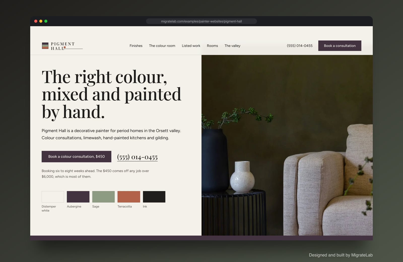 Painting contractor website example by MigrateLab: Pigment Hall Decorative Painting, a premium design-led design shown in a browser