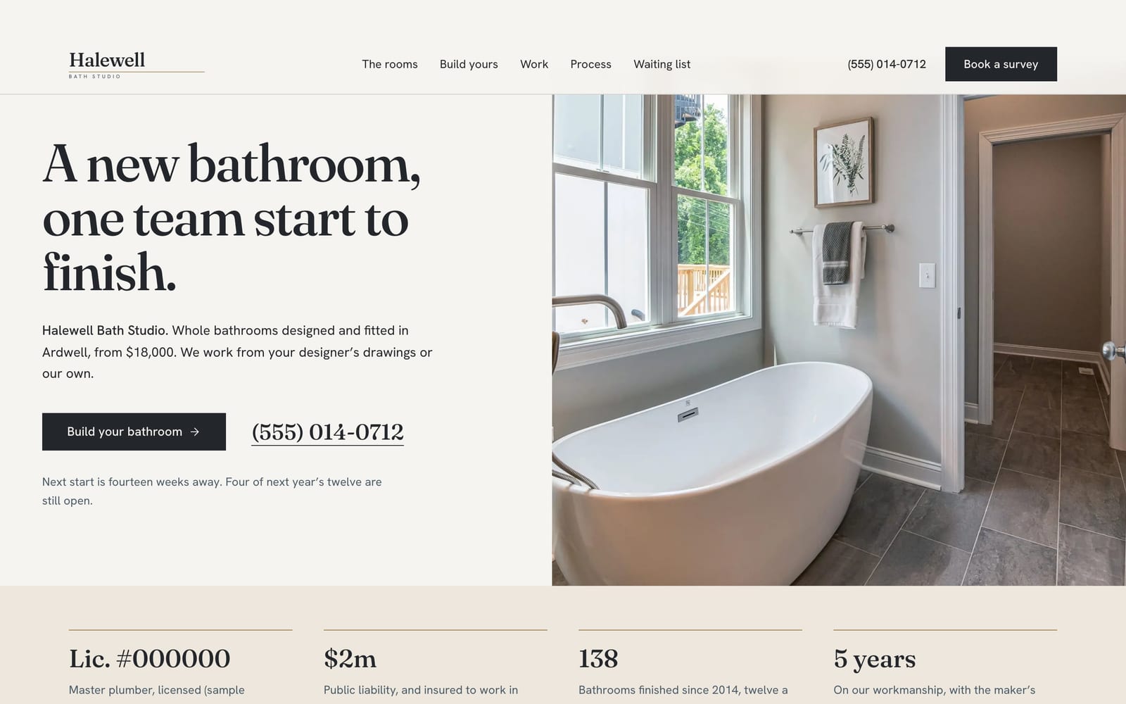 Plumber website design: Halewell Bath Studio home page, premium design-led style