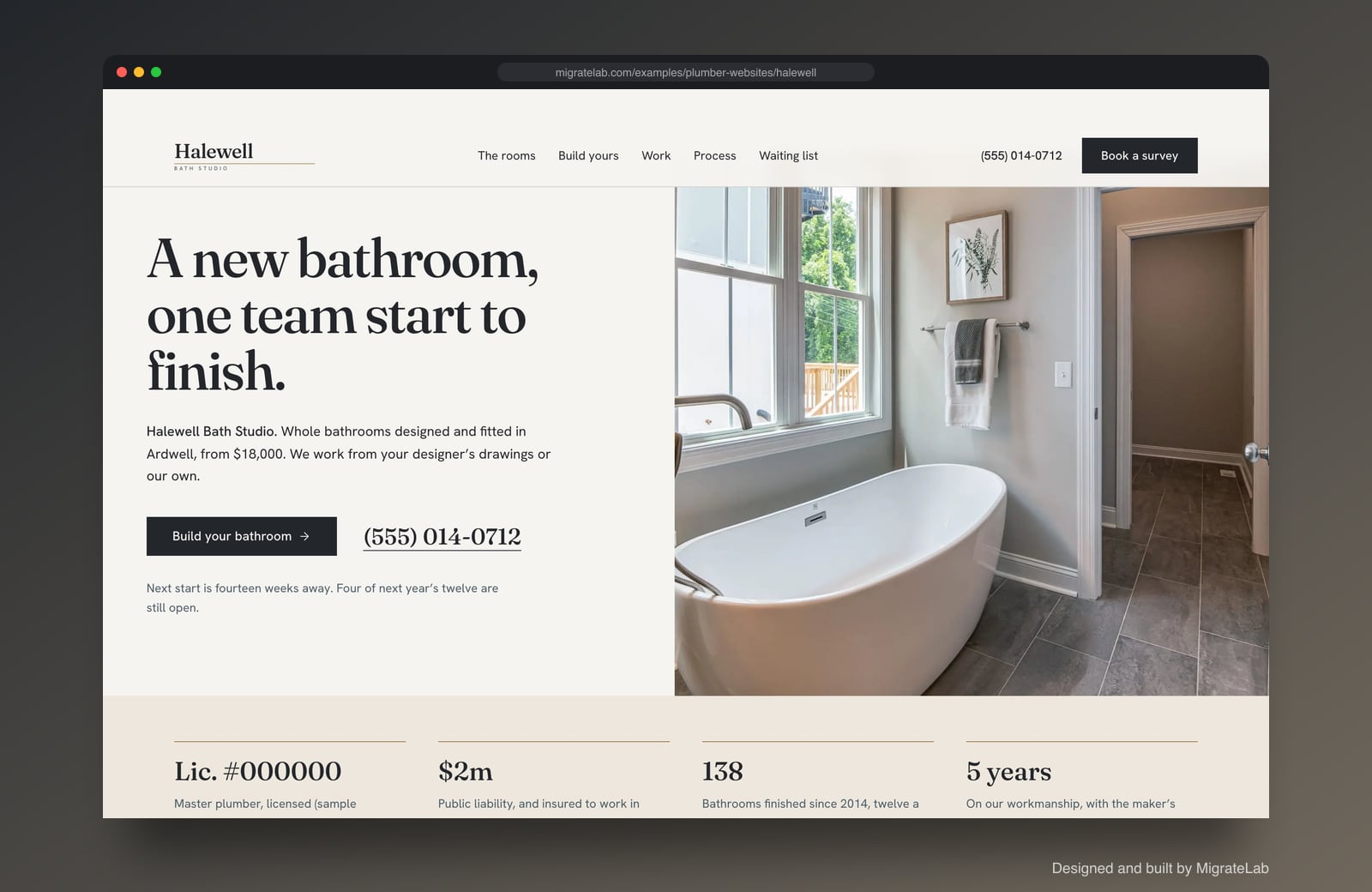 Plumber website example by MigrateLab: Halewell Bath Studio, a premium design-led design shown in a browser