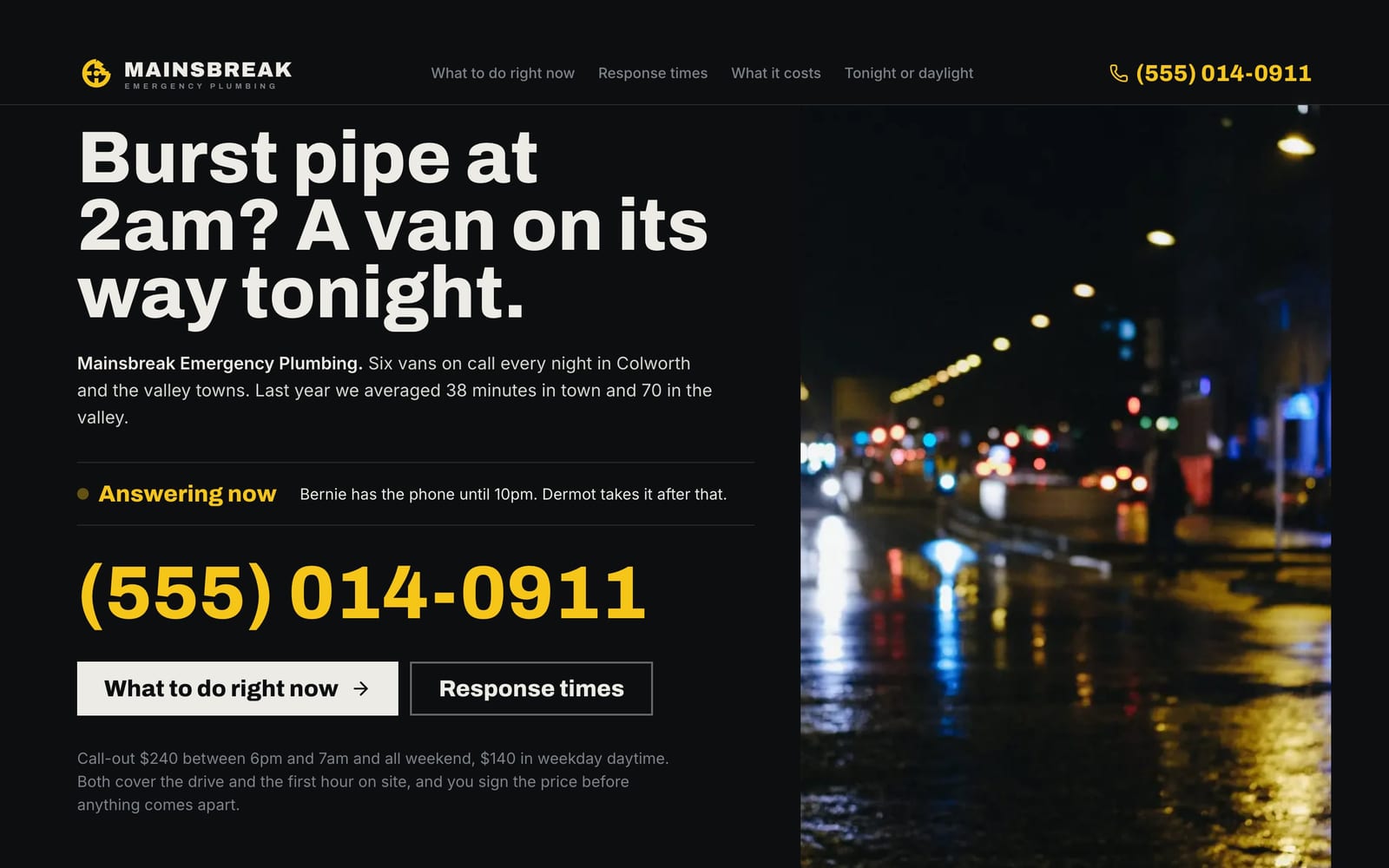 Plumber website design: Mainsbreak Emergency Plumbing home page, bold and industrial style