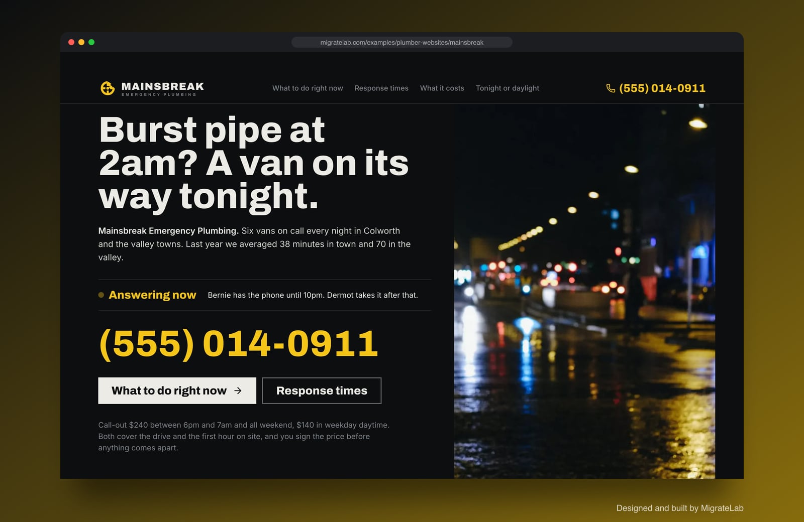 Plumber website example by MigrateLab: Mainsbreak Emergency Plumbing, a bold and industrial design shown in a browser