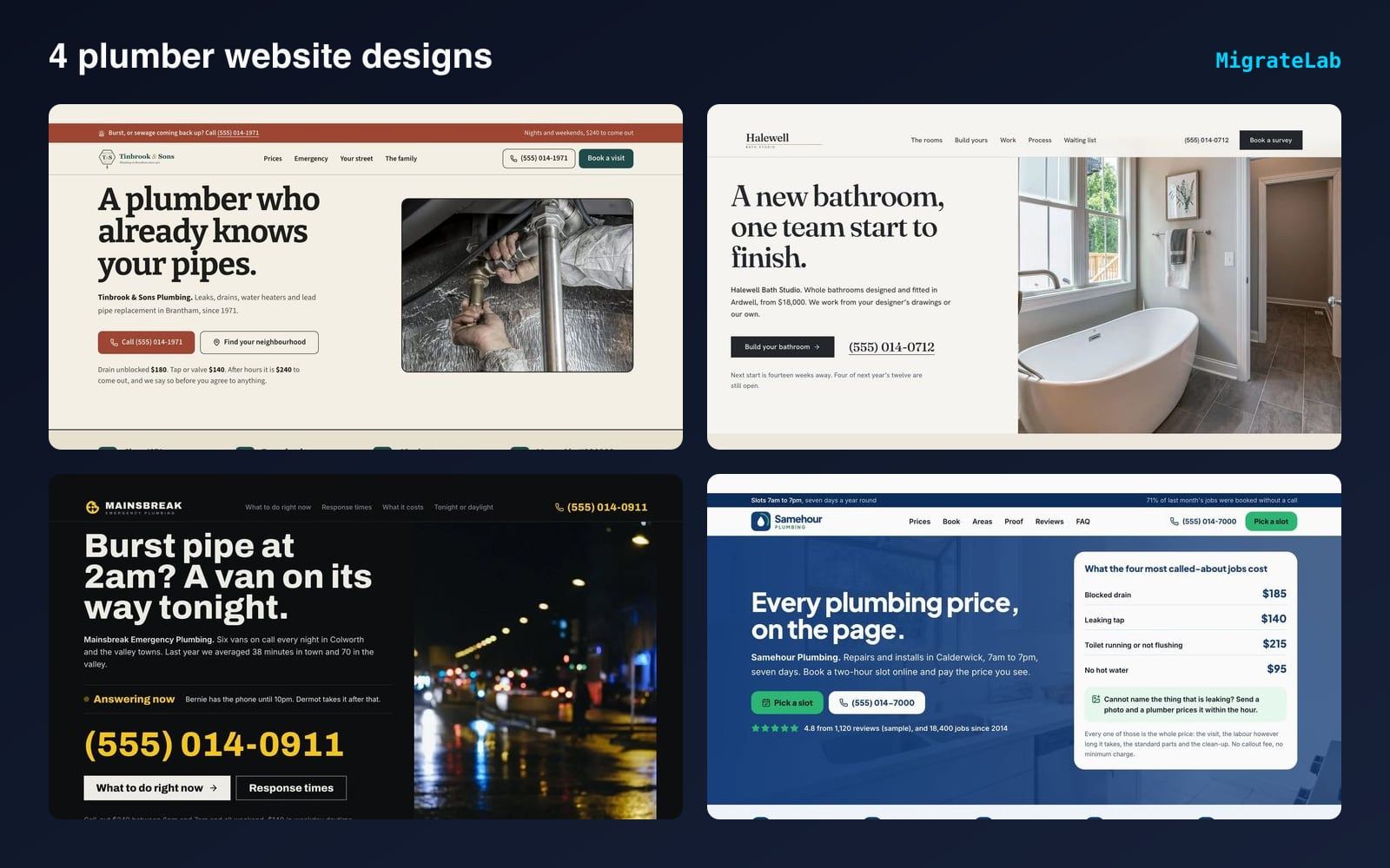 Four plumber website designs by MigrateLab shown side by side
