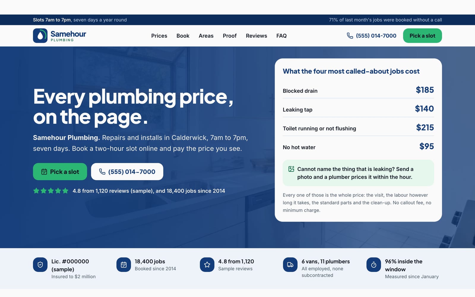 Plumber website design: Samehour Plumbing home page, lead machine style
