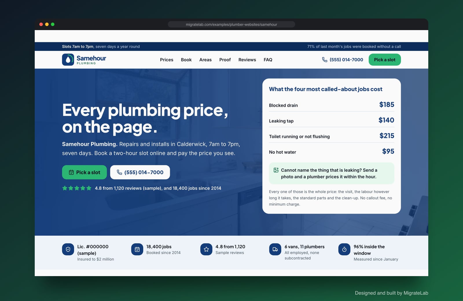 Plumber website example by MigrateLab: Samehour Plumbing, a lead machine design shown in a browser