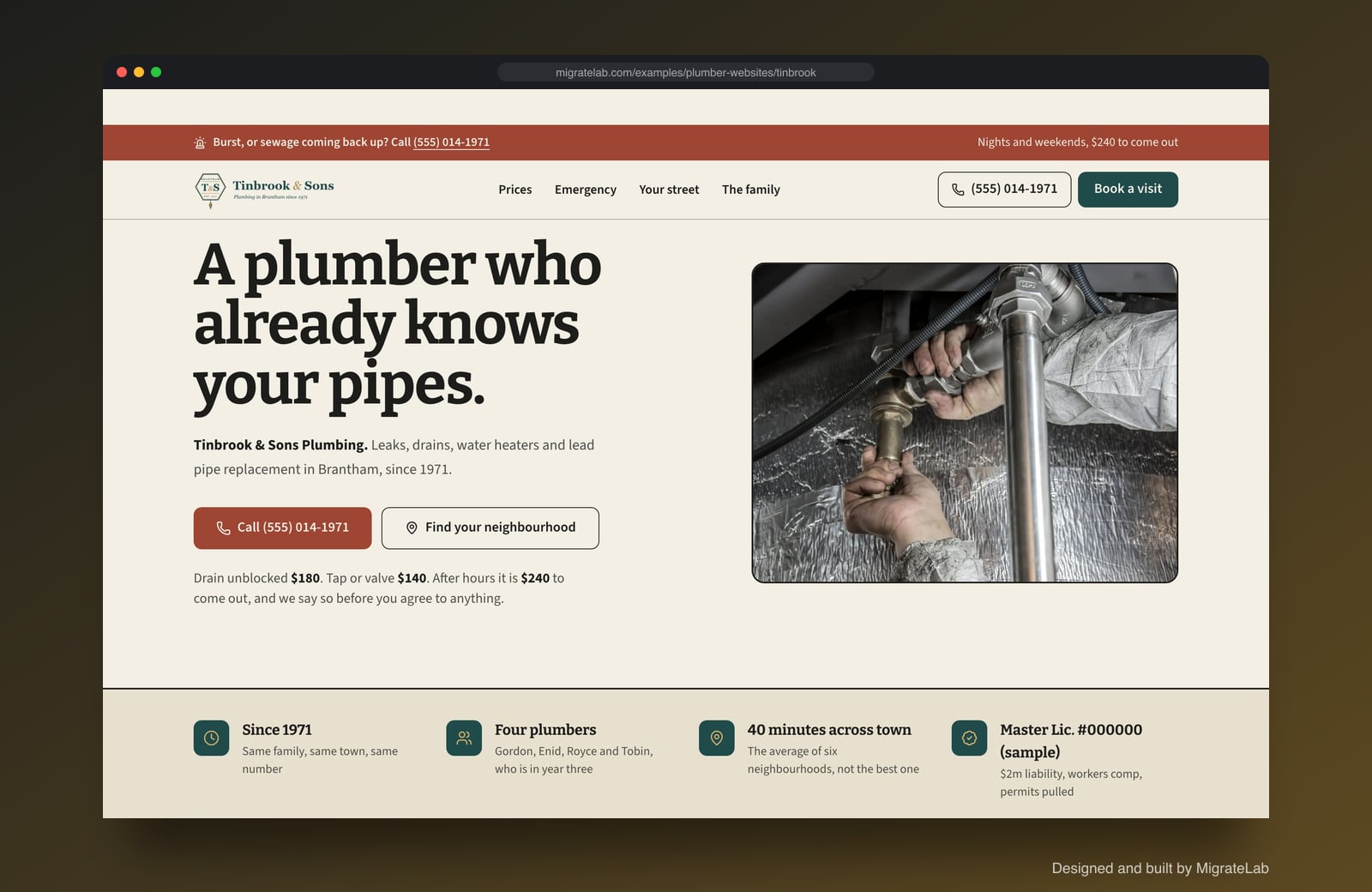 Plumber website example by MigrateLab: Tinbrook & Sons Plumbing, a heritage and trust design shown in a browser