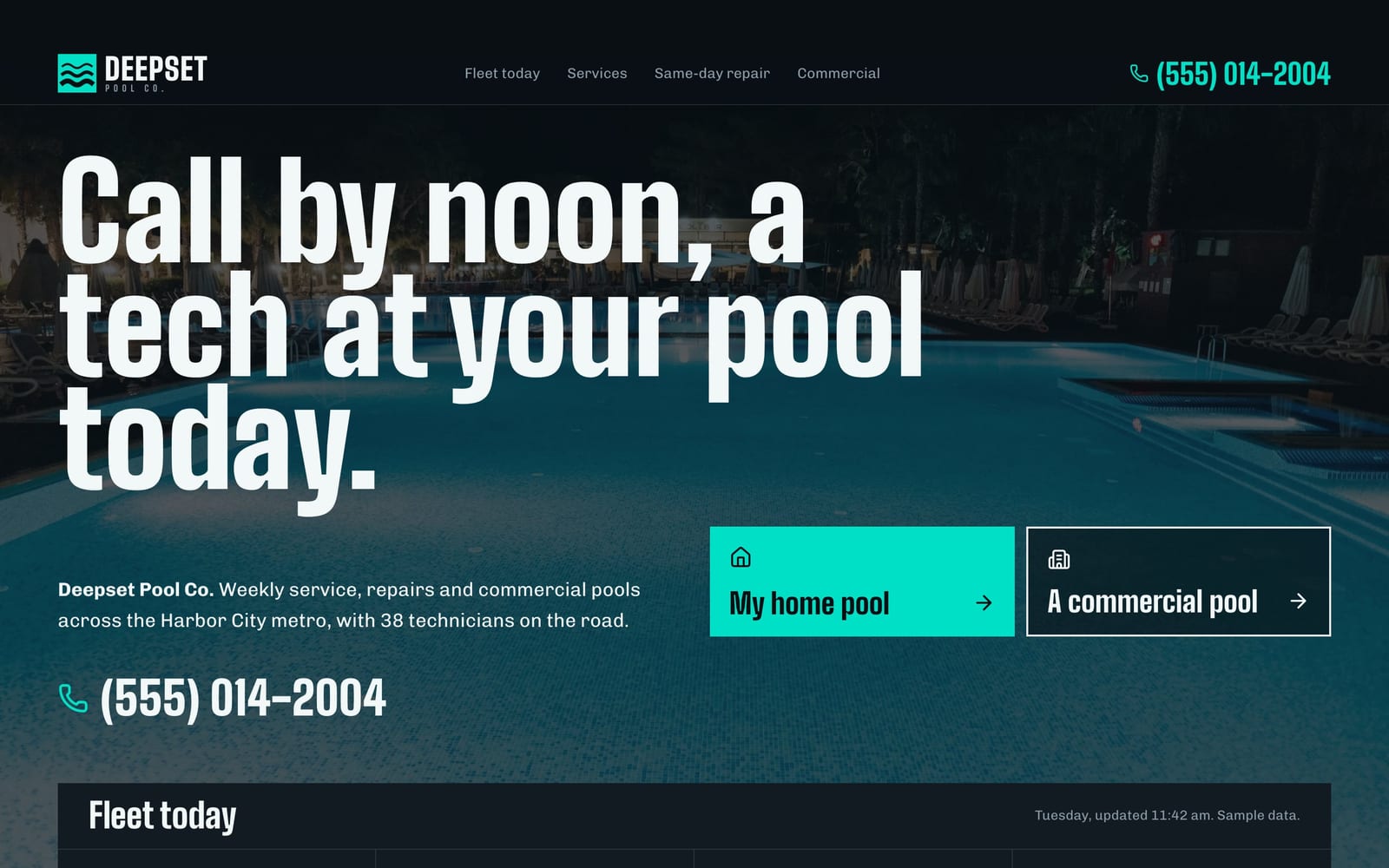 Pool service company website design: Deepset Pool Co. home page, bold and industrial style