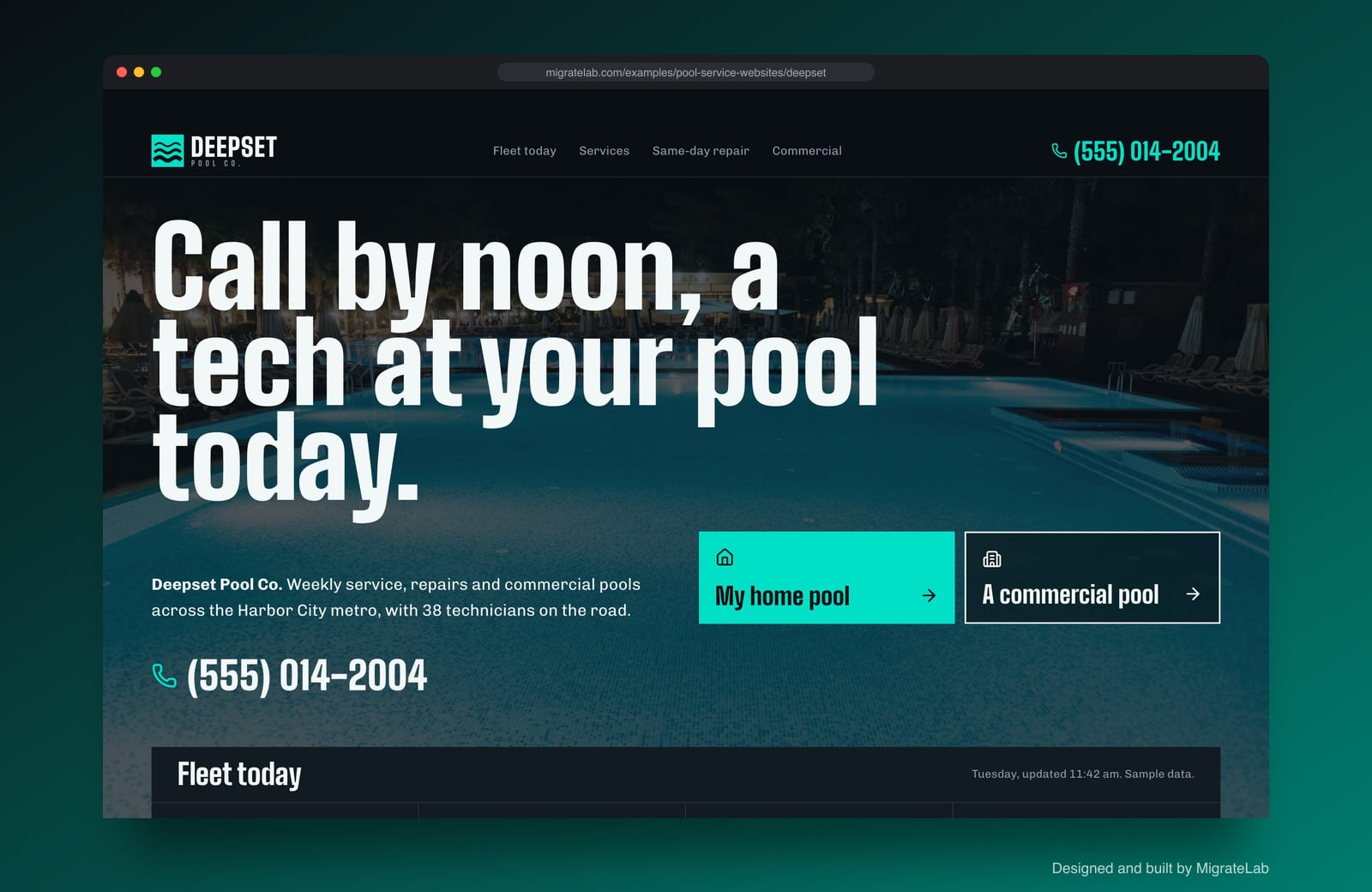 Pool service company website example by MigrateLab: Deepset Pool Co., a bold and industrial design shown in a browser