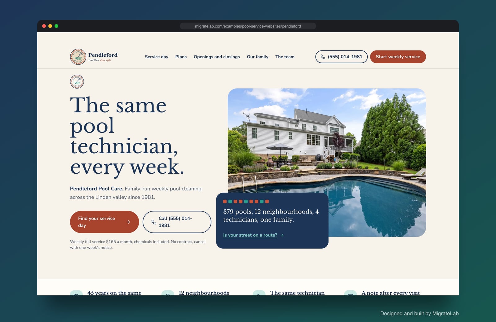 Pool service company website example by MigrateLab: Pendleford Pool Care Since 1981, a heritage and trust design shown in a browser