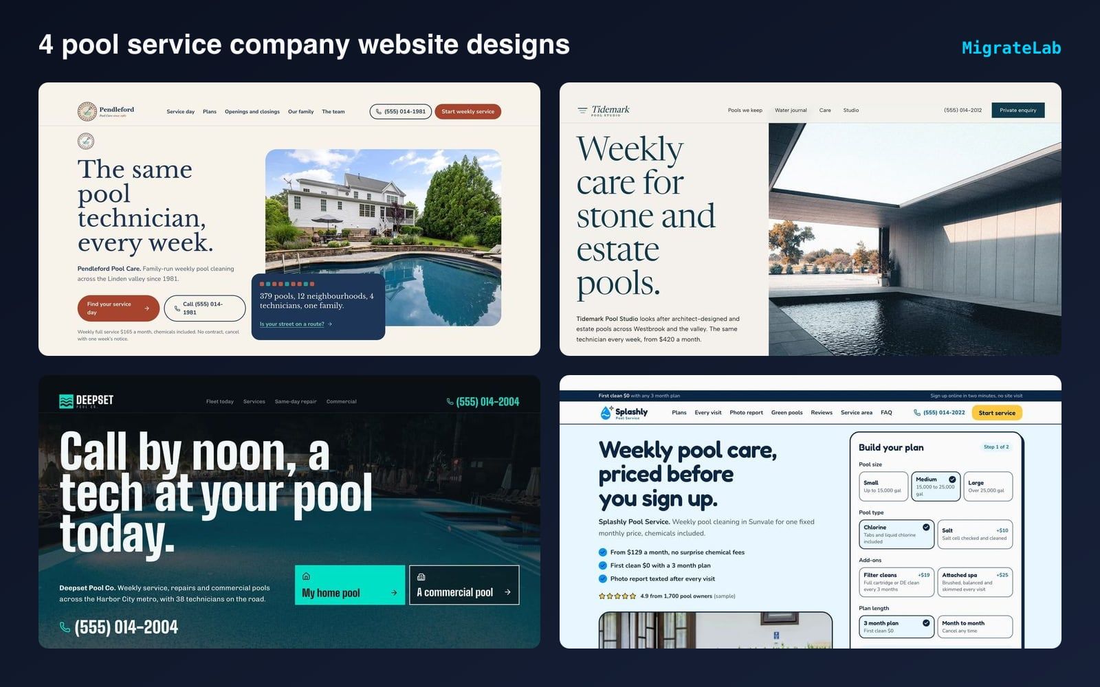 Four pool service company website designs by MigrateLab shown side by side
