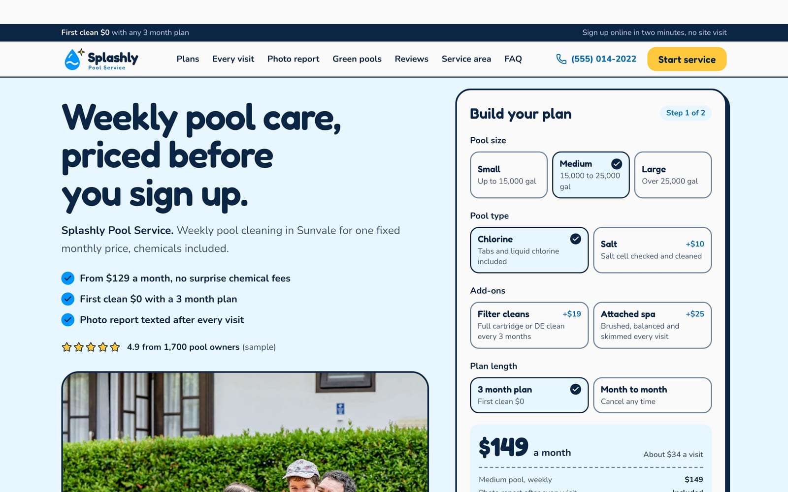 Pool service company website design: Splashly Pool Service home page, lead machine style