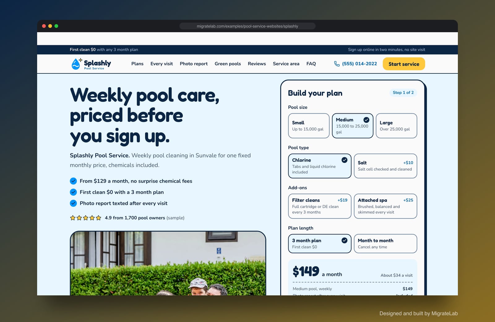 Pool service company website example by MigrateLab: Splashly Pool Service, a lead machine design shown in a browser
