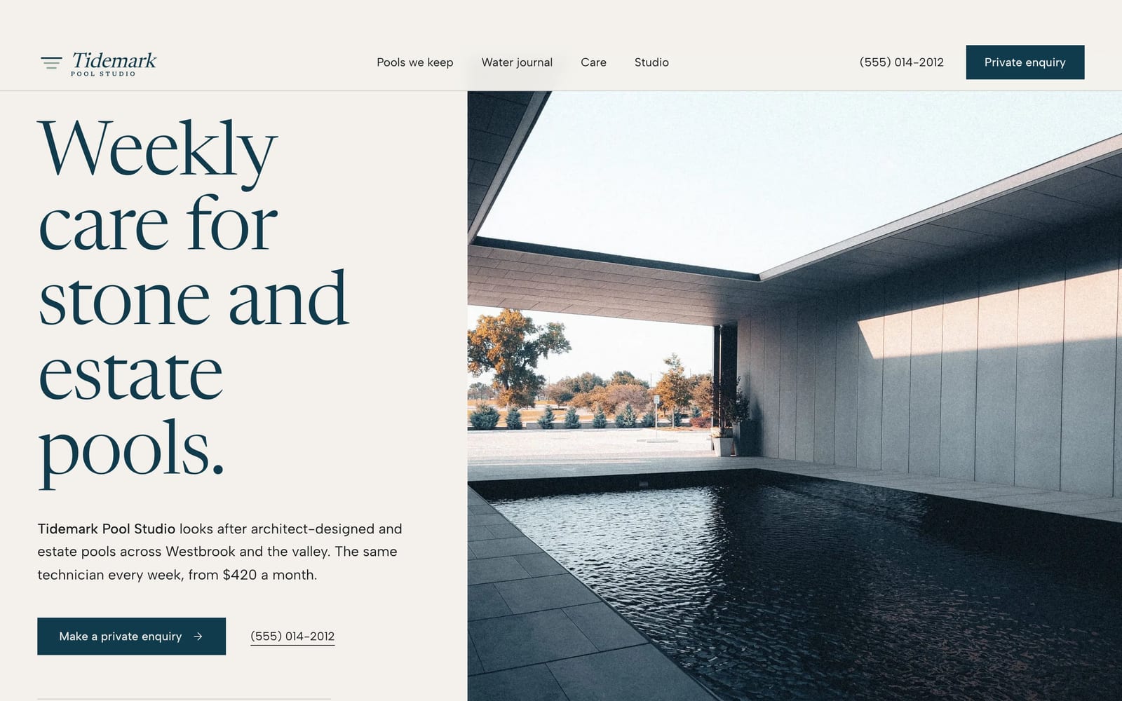 Pool service company website design: Tidemark Pool Studio home page, premium design-led style