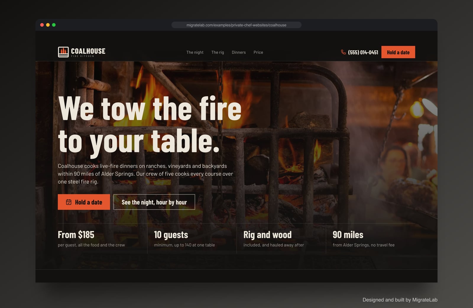 Private chef website example by MigrateLab: Coalhouse Fire Kitchen, a bold and industrial design shown in a browser