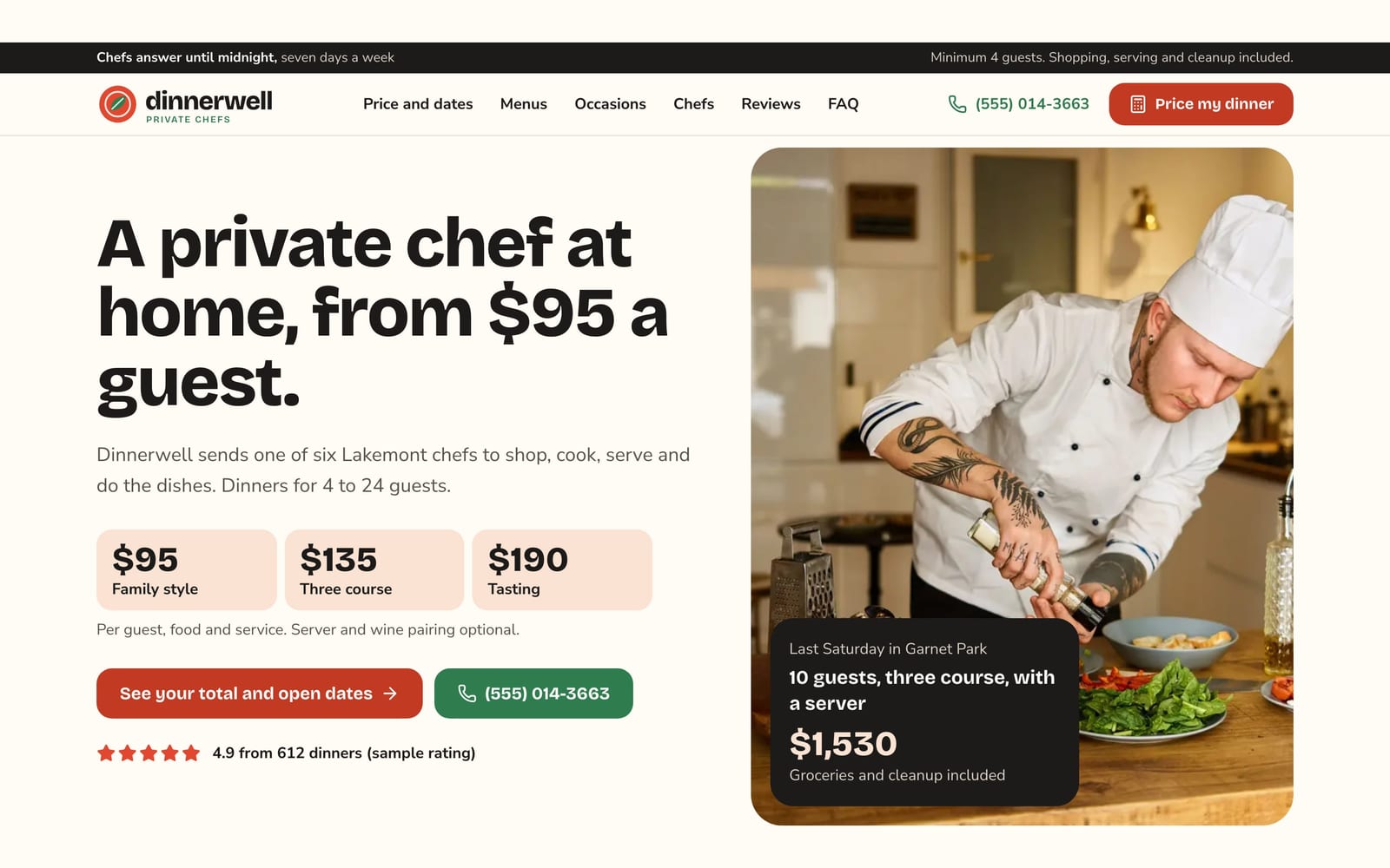 Private chef website design: Dinnerwell Private Chefs home page, lead machine style