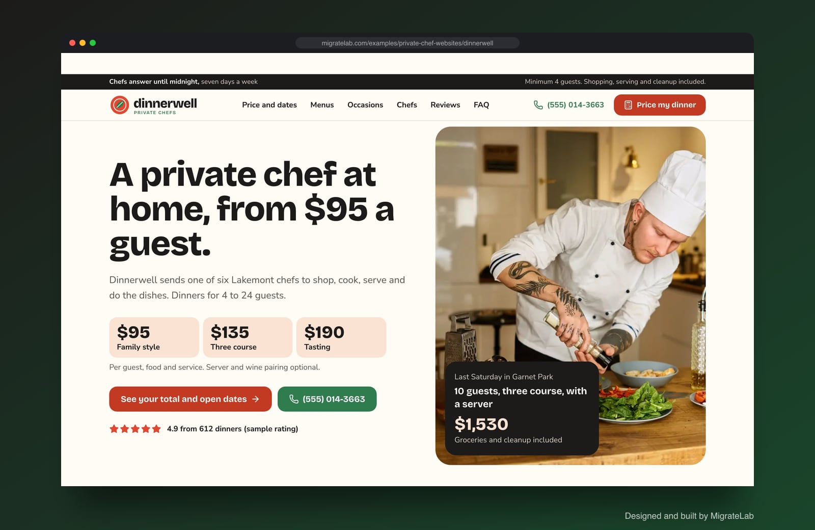 Private chef website example by MigrateLab: Dinnerwell Private Chefs, a lead machine design shown in a browser