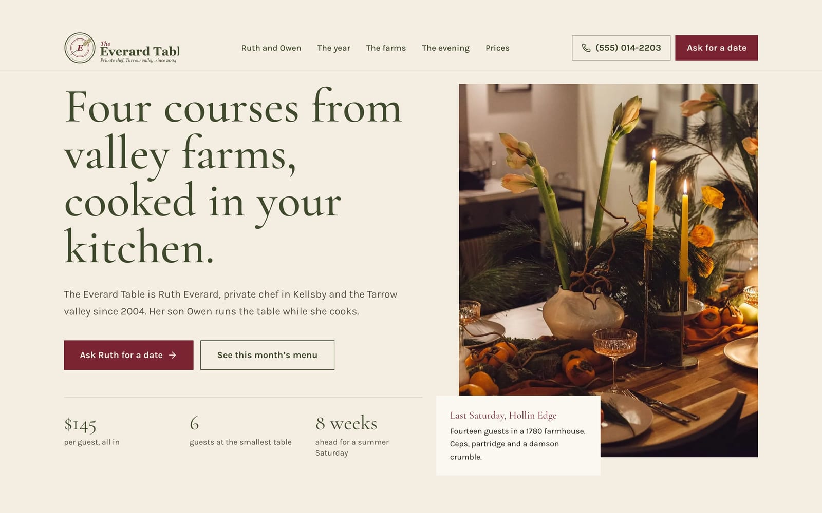 Private chef website design: The Everard Table Private Chef home page, heritage and trust style