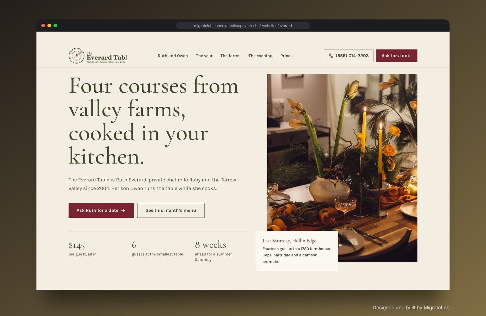 Private chef website example by MigrateLab: The Everard Table Private Chef, a heritage and trust design shown in a browser