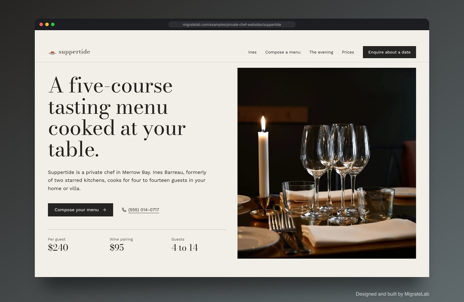 Private chef website example by MigrateLab: Suppertide Private Dining, a premium design-led design shown in a browser