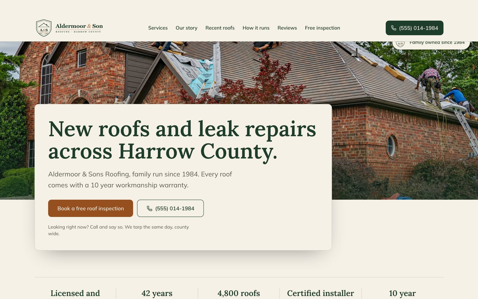 Roofing company website design: Aldermoor & Sons Roofing home page, heritage and trust style